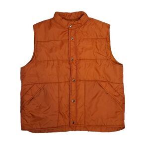 VINTAGE 70s gorpcore rust orange puffer snap button‎ zip up vest L